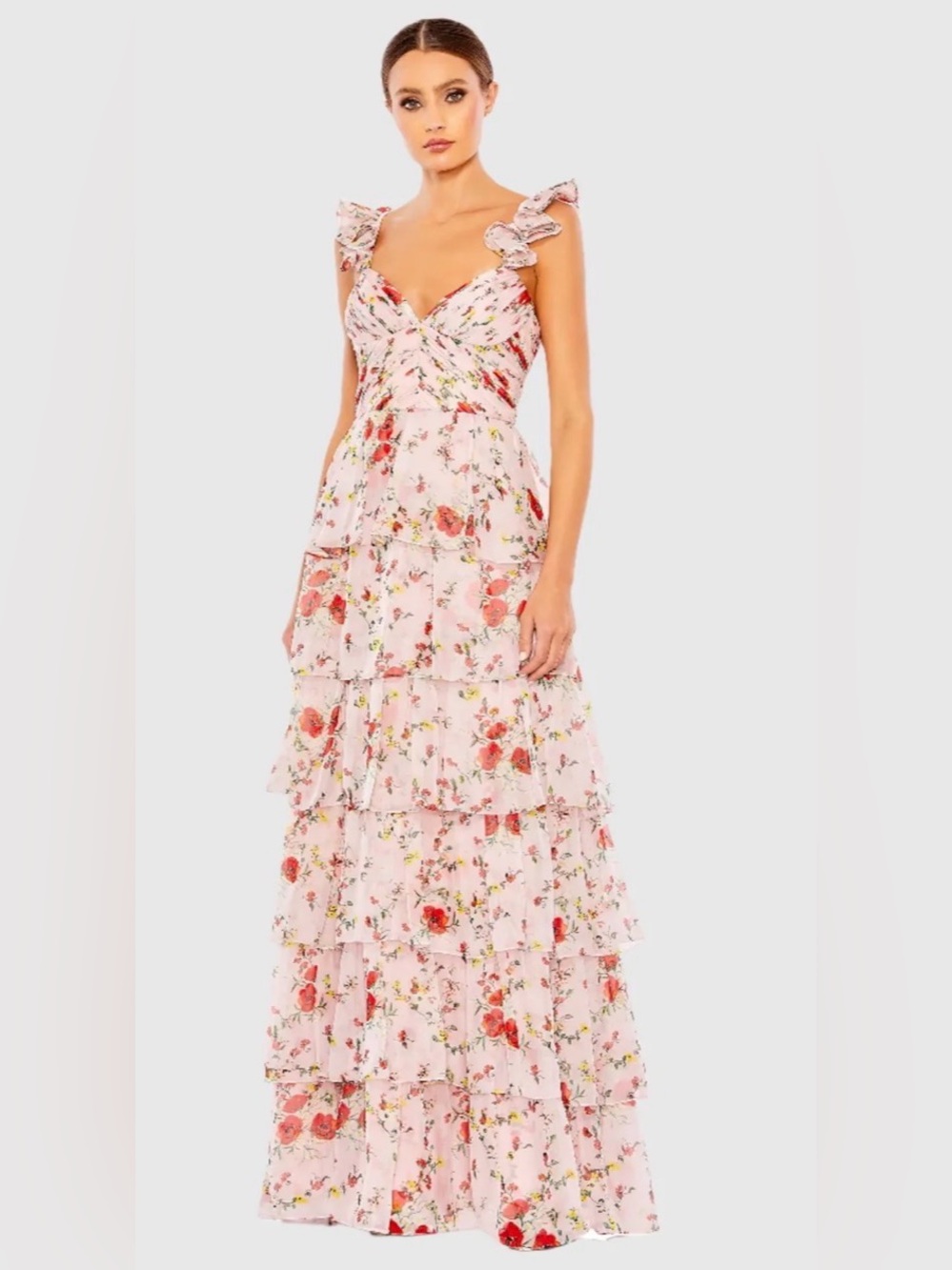 IEENA FOR MAC DUGGAL Pink Ruffle Sleeveless Draped Tiered Floral Print Gown SZ 2